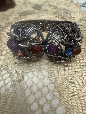 Vintage Style Filigree Bracelet with Purple and Amber Stones